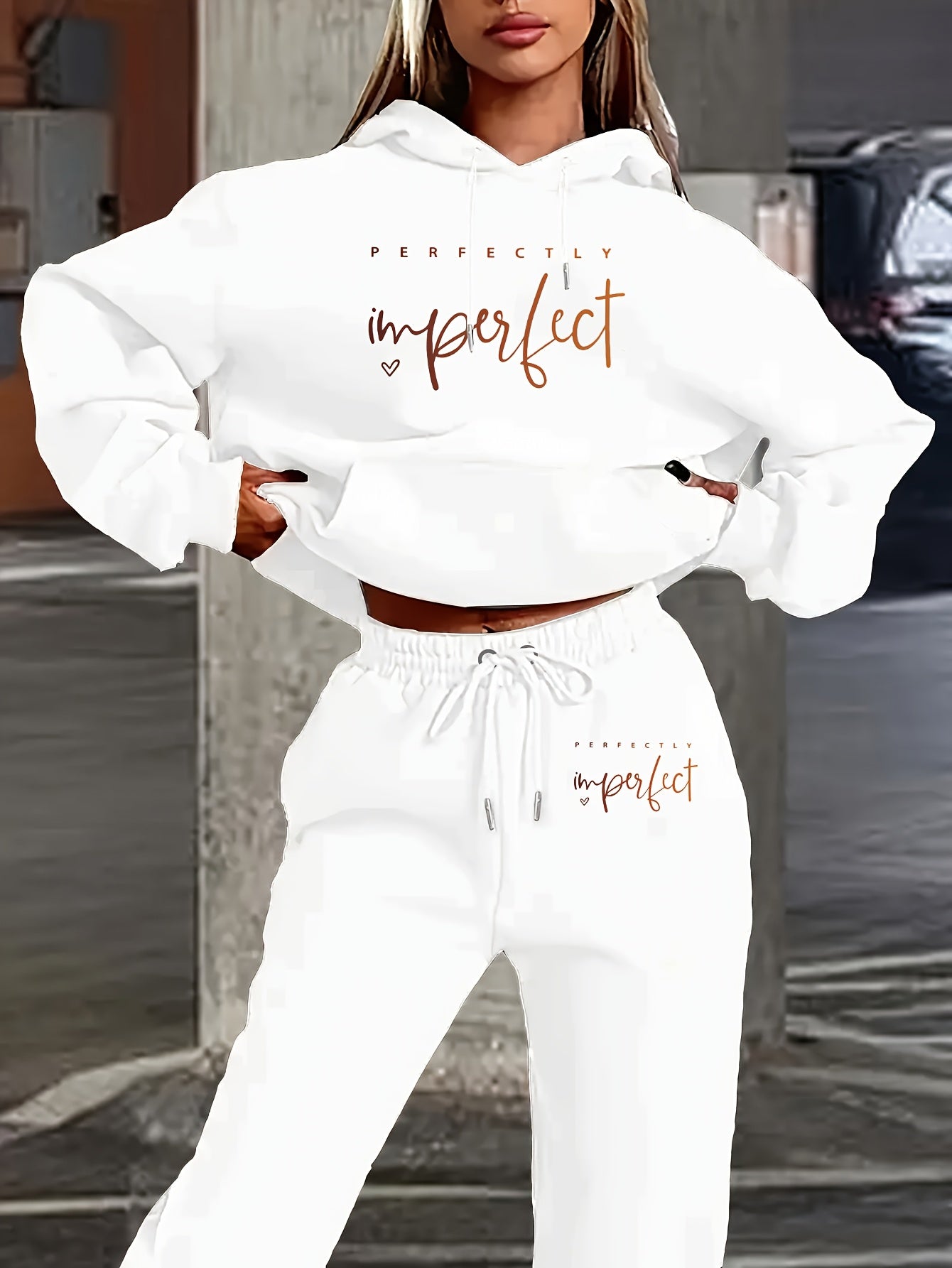 1 Set Women'S Casual Polyester Two-Piece, Fall/Winter Knit Fabric Hoodie with Pocket & Drawstring Pants, Letter Print "Perfectly Imperfect" Design
